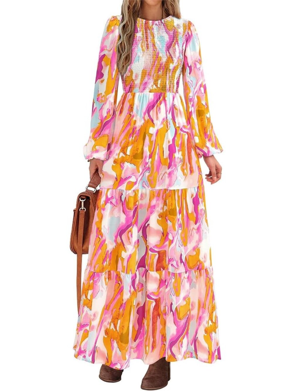 Women's Brown Purple Trendy Outfit Long Sleeve Floral Boho Maxi Fall Dresses